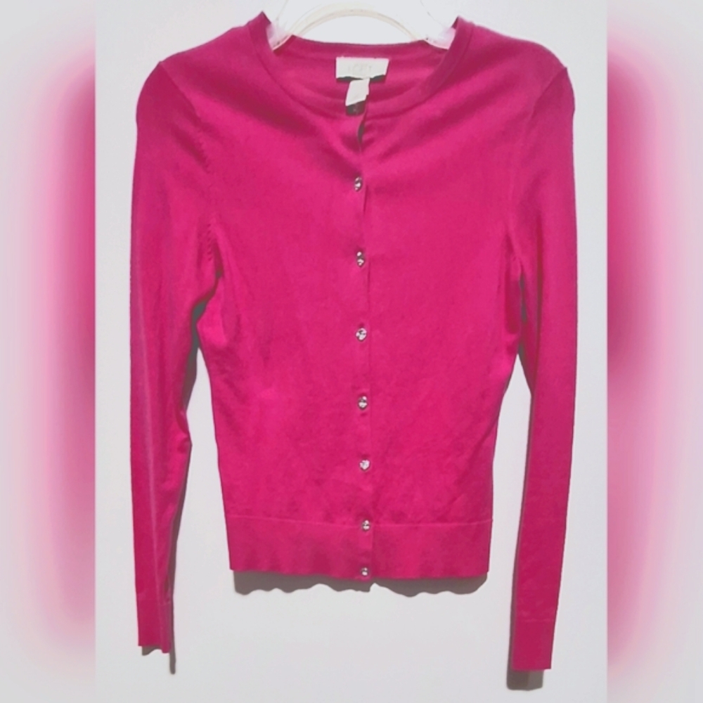 LOFT PINK CARDIGAN FINE -KNIT SWEATER WITH RHINESTONE BUTTON DOWN.